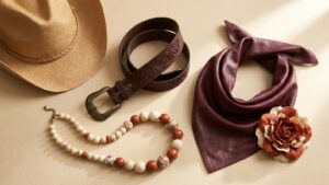 Flat lay of autumn 2026 accessory trends: straw cowboy hat, tooled leather belt, chunky bead necklace and leather triangle scarf