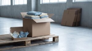 Two open cardboard shipping cartons of wholesale accessories on a wooden pallet in a warehouse