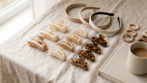 Assorted wholesale hair accessories including claw clips, headbands and hair ties arranged in rows on a linen surface