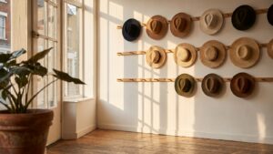 A wall of wholesale felt and straw hats displayed on wooden pegs inside a small boutique
