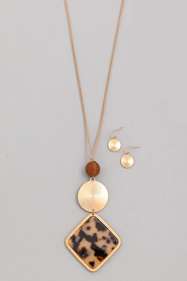 Tortoise Shell Square Pendant Necklace Set -