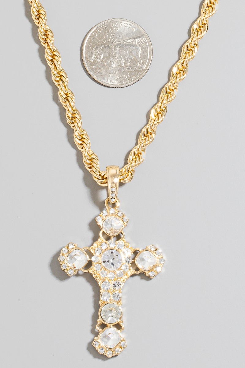 Encrusted Pendant Cross Rope Chain Necklace - Necklaces