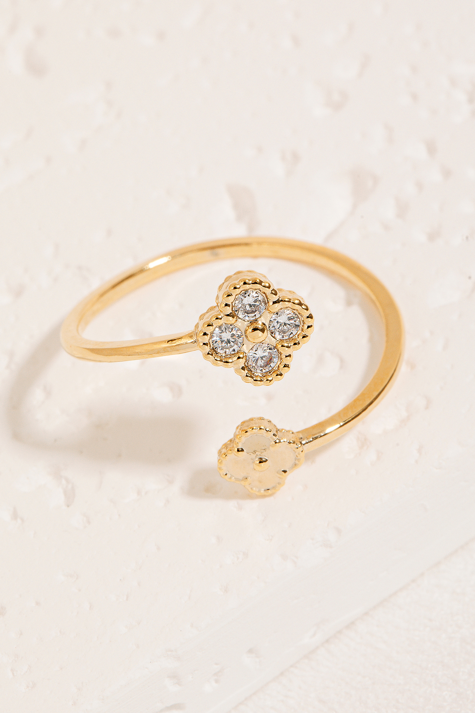 Double Rhinestone Clover Wrap Open Band Ring - Rings