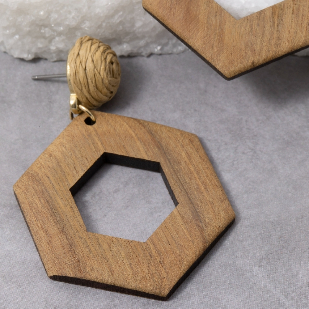 Wooden Hexagon And Straw Post Dangle Earrings