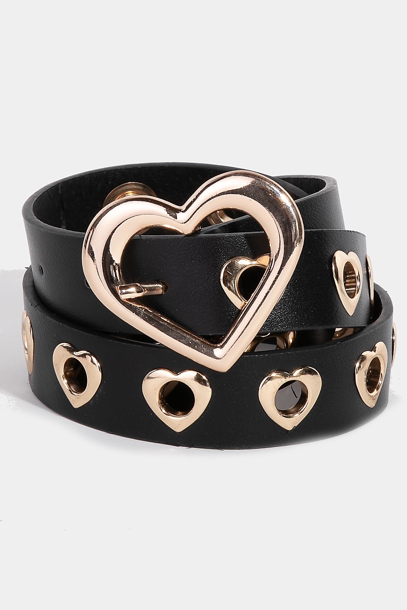 Metallic Heart Grommet Leather Belt - Belts