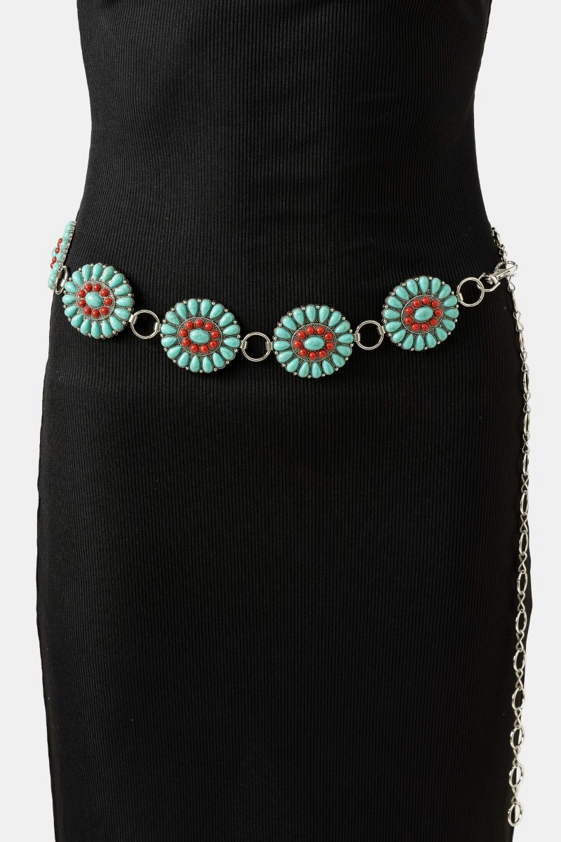 Western Turquoise Concho Disc Leather Belt Brown Leather Concho Belt Turquoise Chips Western Boho Large  main image 2