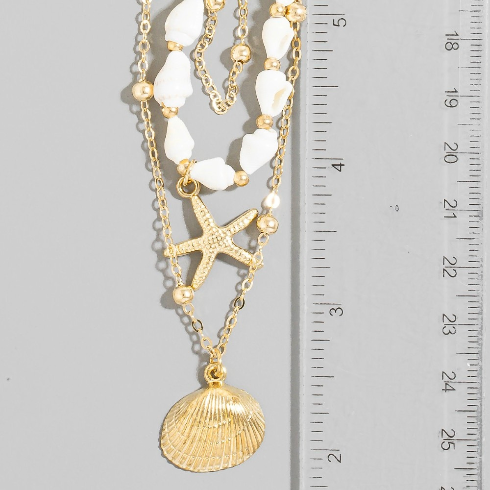 Sea Life Charms Mini Conch Shells Layered Chain Necklace - Necklaces