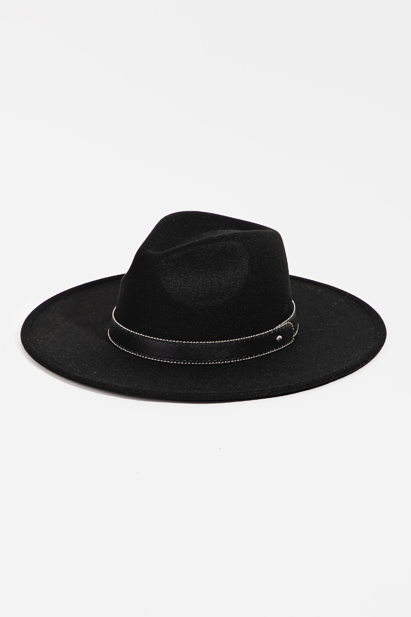 Faux Leather Strap Flat Brim Fedora Hat - Fame Accessories display picture 2