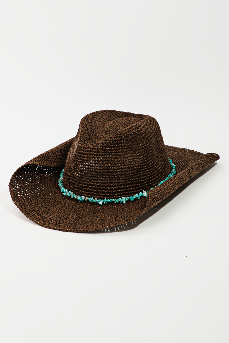 Turquoise Beaded Strap Woven Sun Hat - Hats