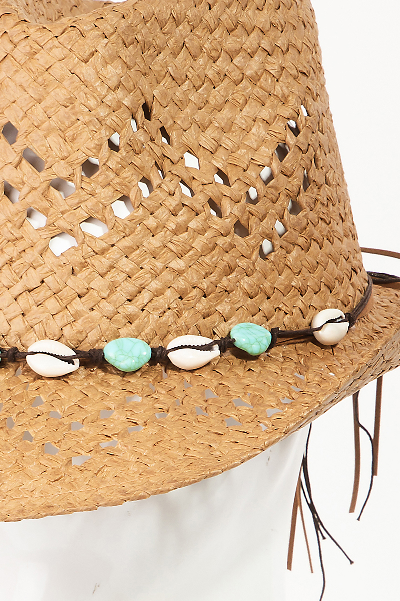 Cowrie Shell Bead Rope Strap Straw Hat - Hats display picture 1