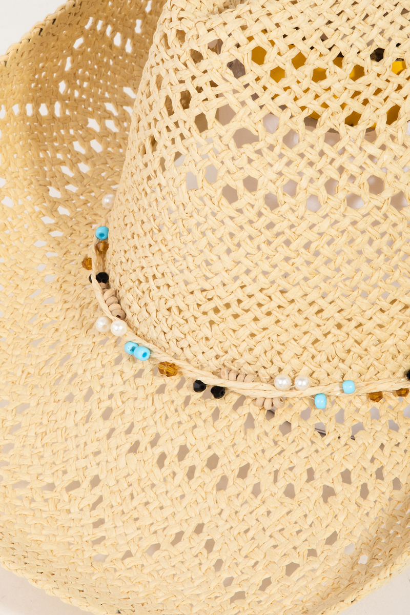 Beaded Rope Straw Braid Cowboy Hat - Fedoras