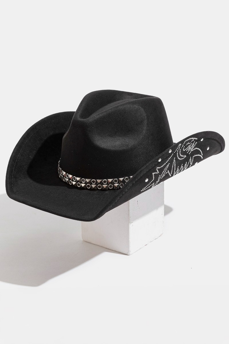 Studded Strap Rhinestone Decor Western Cowboy Hat - Hats