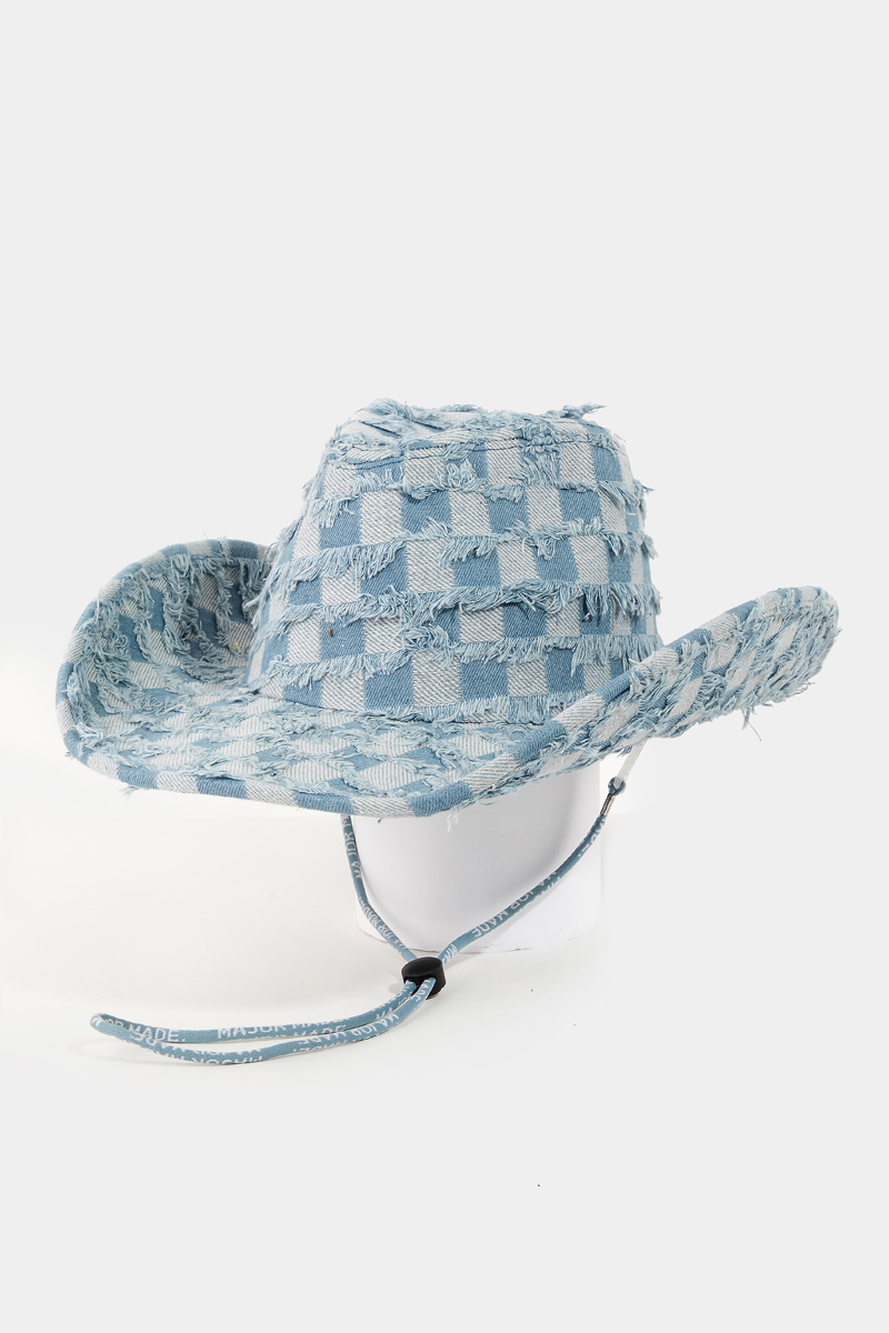 Checkered Fringe Denim Cowboy Hat - Denim Collection