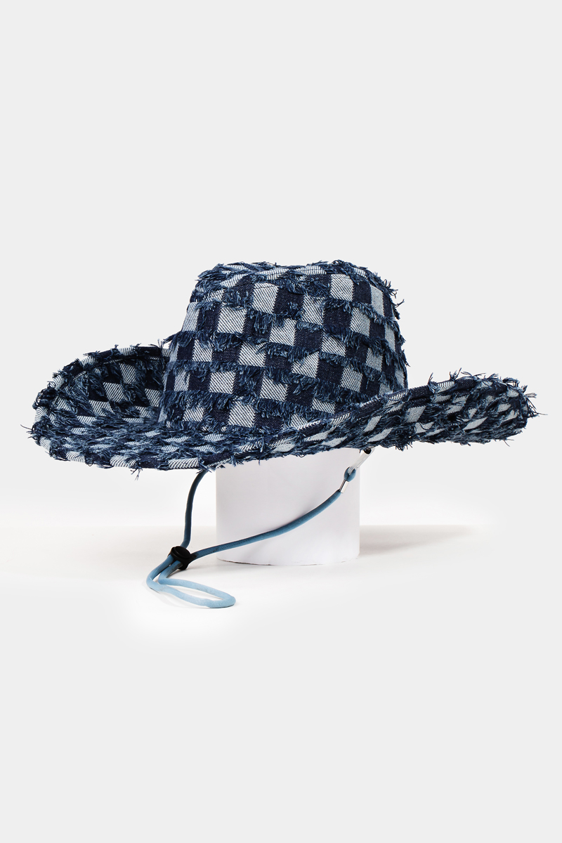 Blue Checkered Cowboy Hat Checkered Fringe Denim Cowboy Hat - Denim Collection main image 2