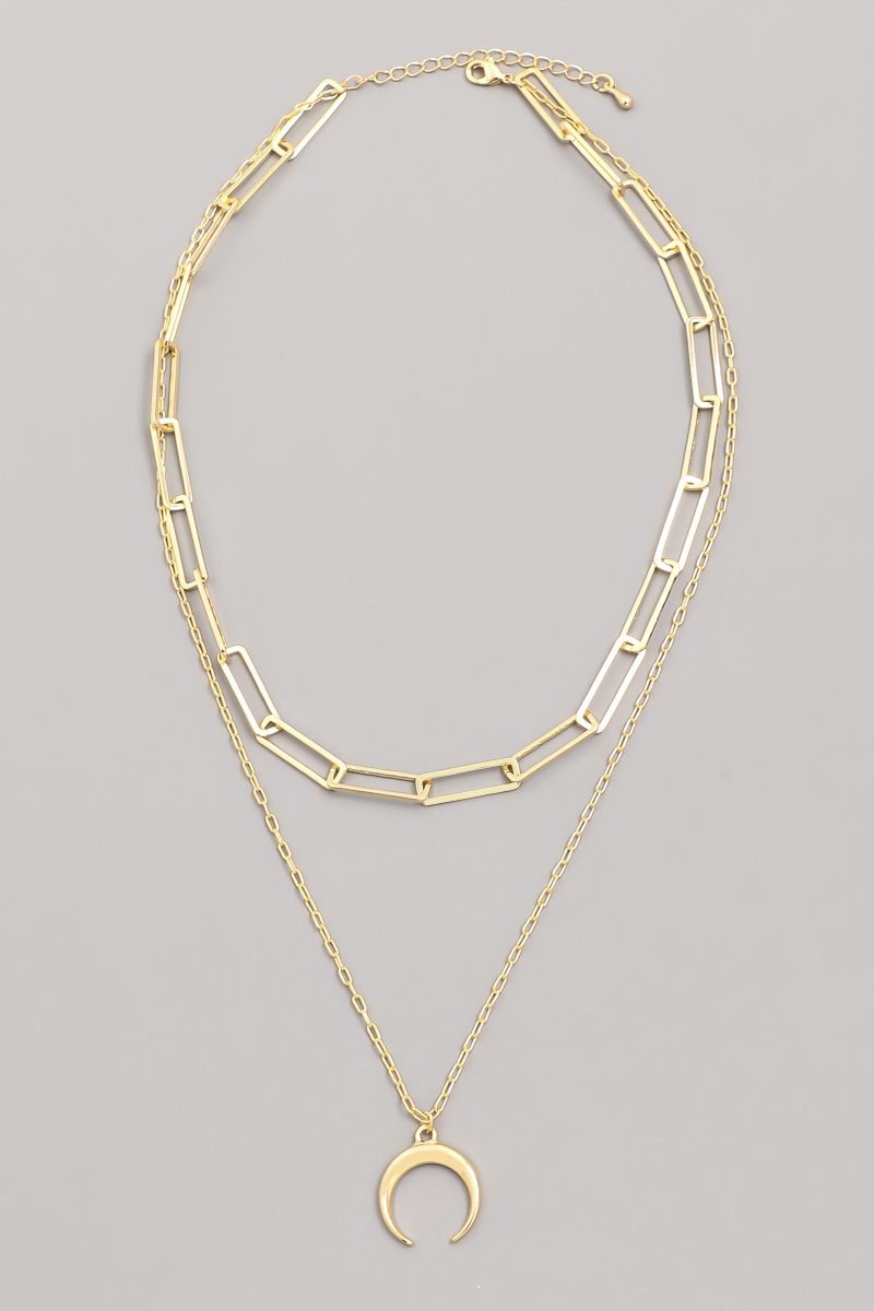 Layered Chain Link Crescent Moon Charm Necklace - Layered Necklaces