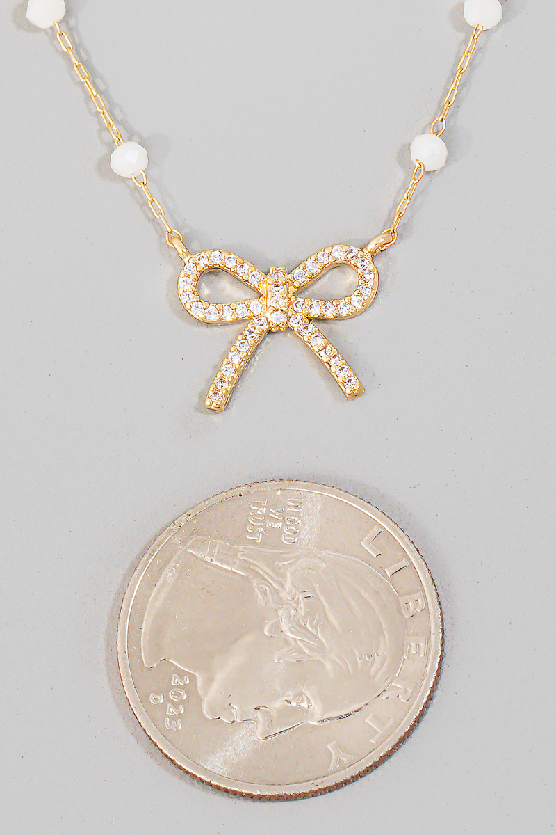 Cz Pave Ribbon Bow Pendant Beaded Necklace - Necklaces