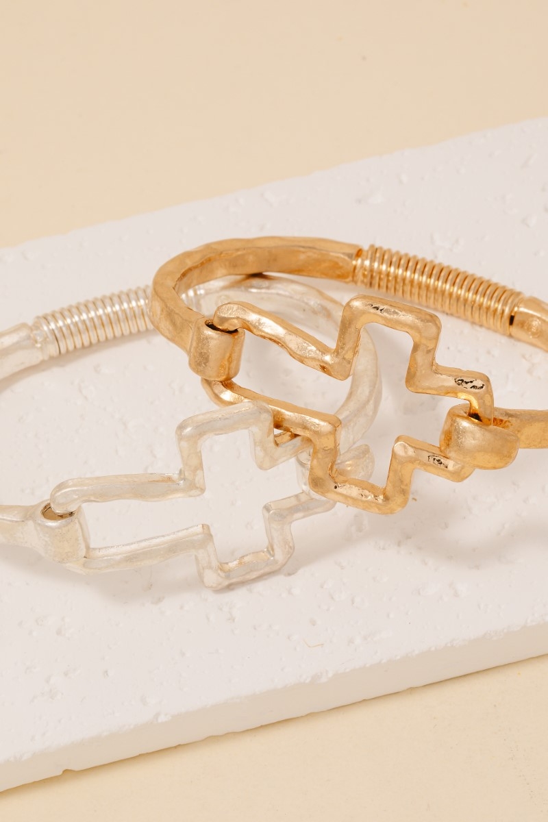 Hammered Cross Coil Spring Hook Bangle Bracelet - Cross Collection