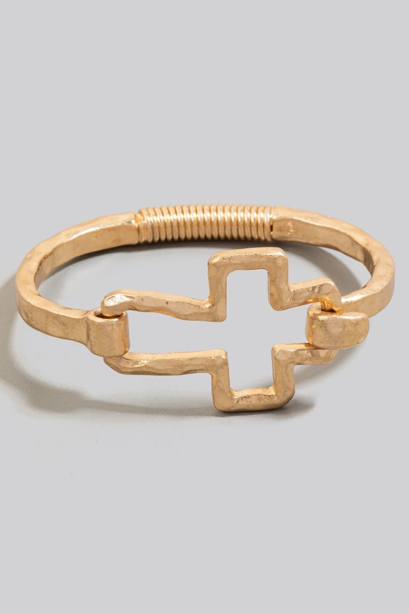 Hammered Cross Coil Spring Hook Bangle Bracelet - Cross Collection
