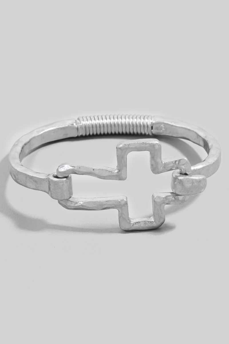 Hammered Cross Coil Spring Hook Bangle Bracelet - Cross Collection