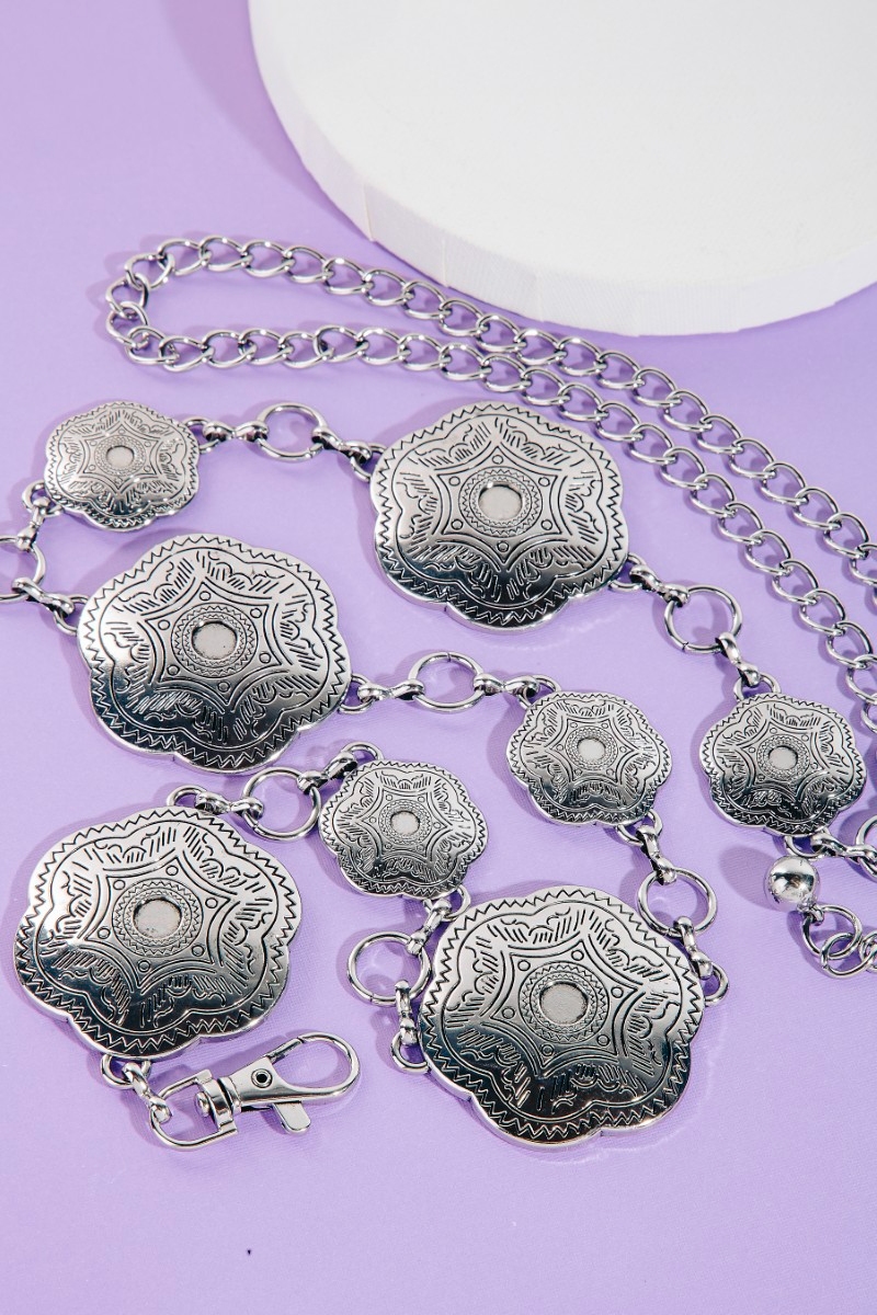 Intricate Engraved Western Concho Chain Belt - Belts display picture 1
