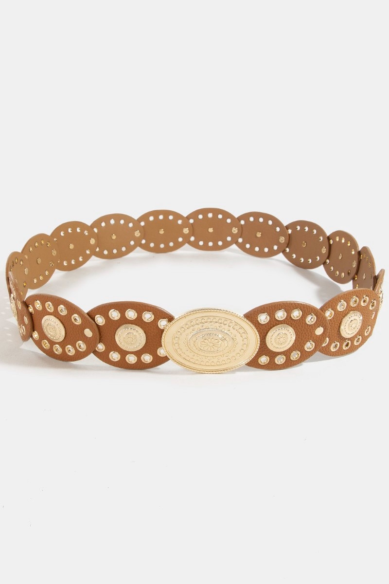 Western Oval Concho Disc Panel Link Vegan Leather Belt - Belts display picture 1