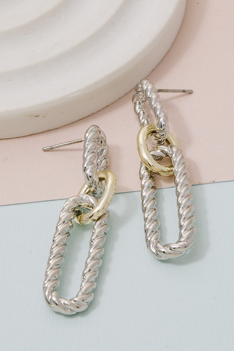 Gold Plated Two Tone Twisted Oval Chain Dangle Earrings