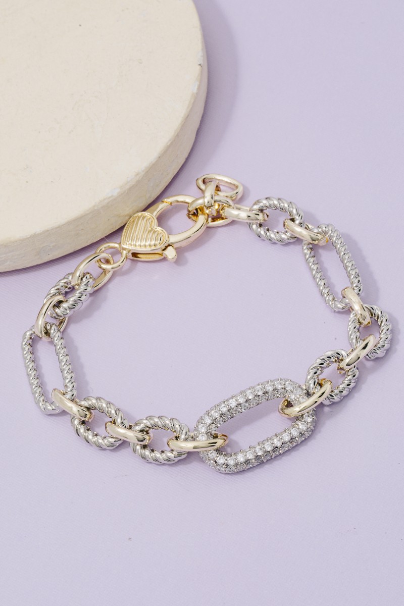 Gold Plated Two Tone Cz Pave Chain Link Bracelet
