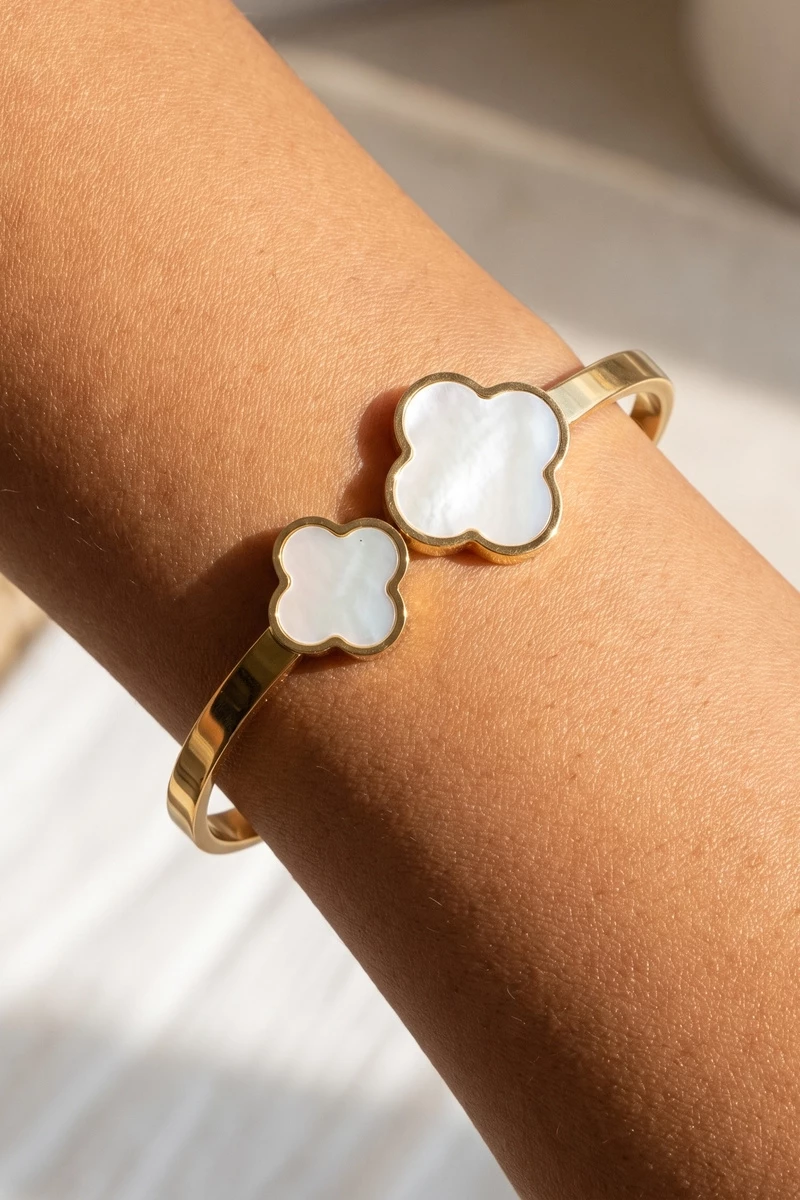 Mother Of Pearl Double Clover Hinged Bangle Bracelet