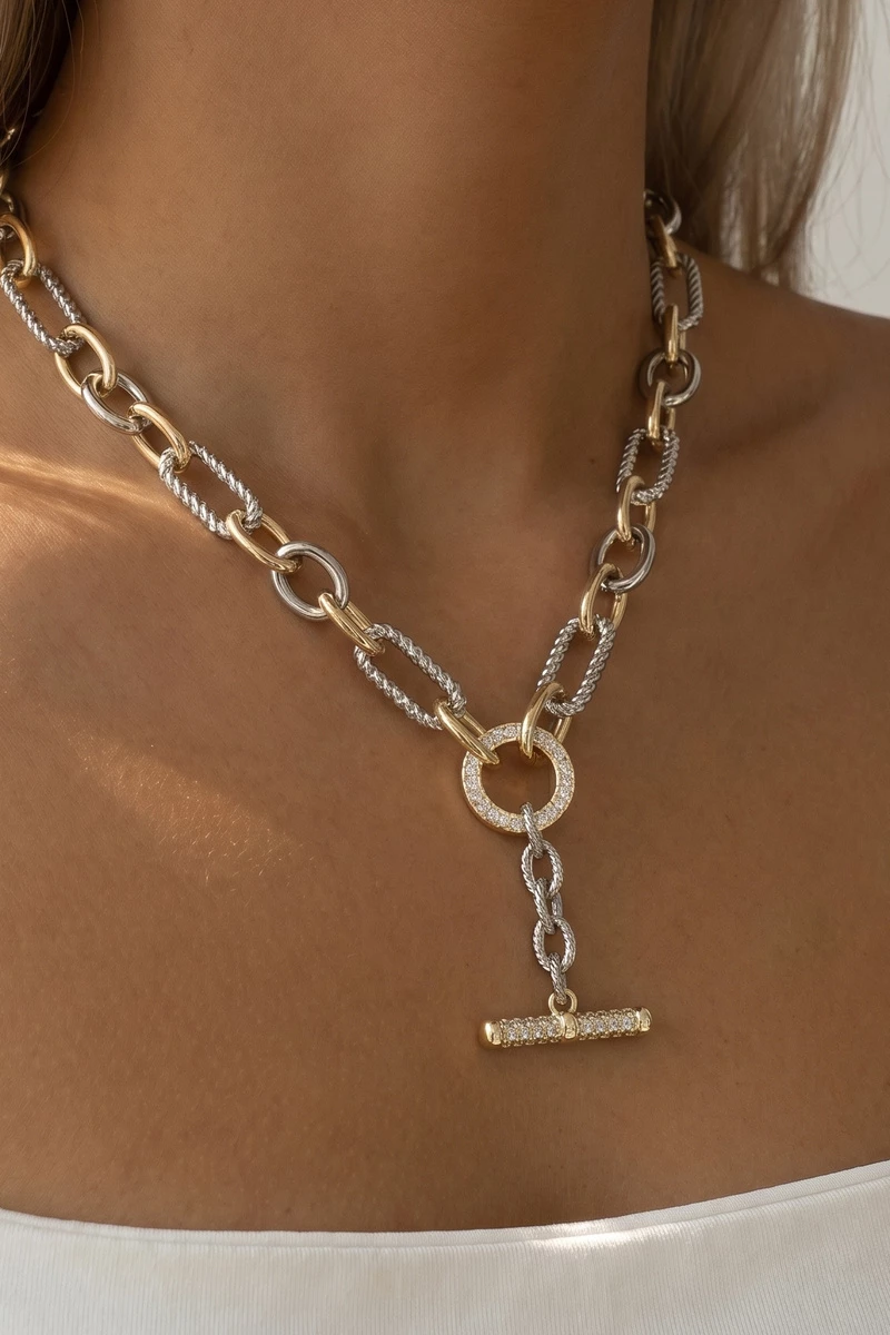 Pave Cz Toggle Bar Chunky Chain Necklace
