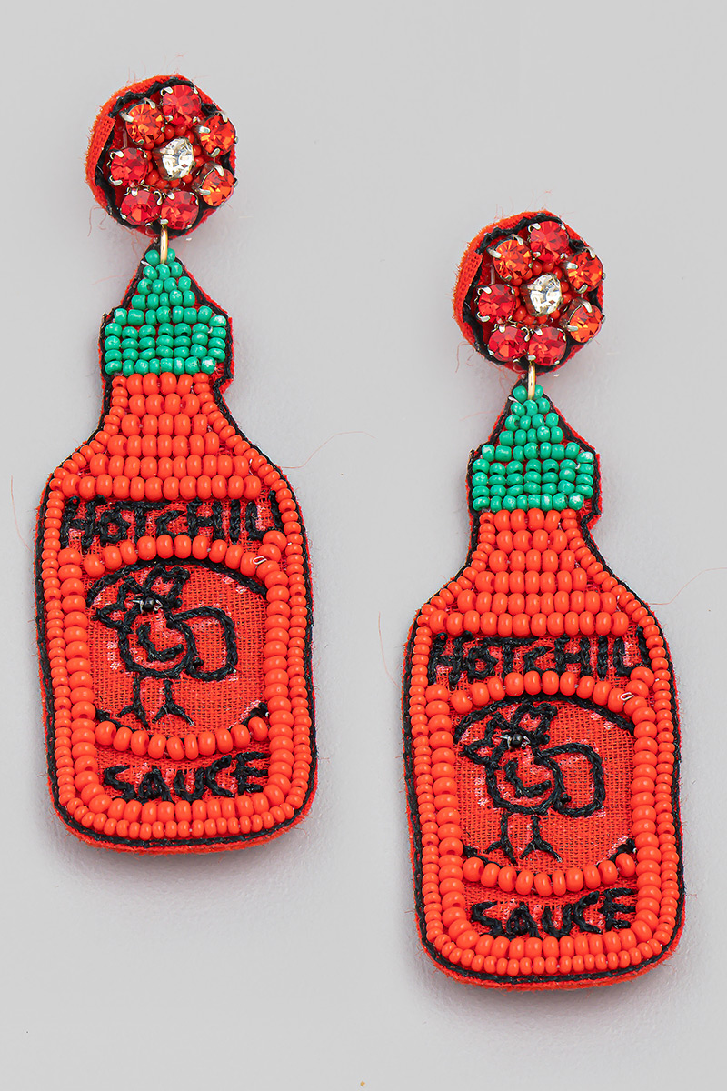 Hot Sauce Bottle Beaded Drop Earrings