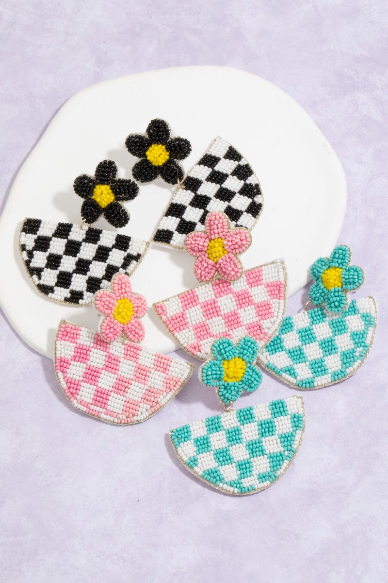 Seed Beaded Checkered Semicircle Drop Earrings