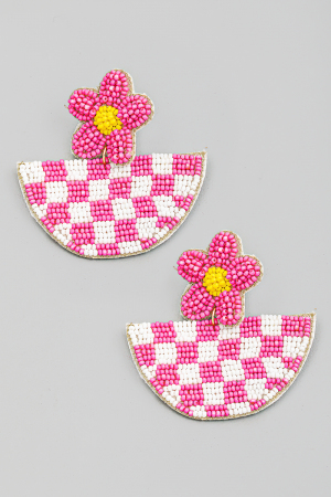 Seed Beaded Checkered Semicircle Drop Earrings