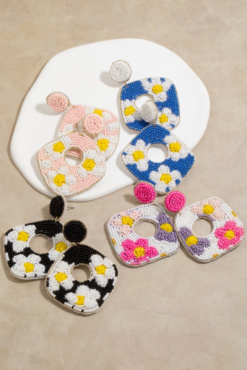 Floral Seed Beaded Drop Earrings