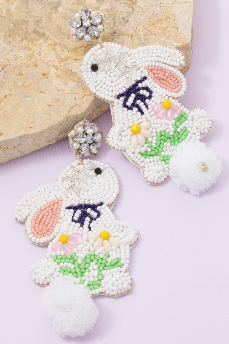 Seed Beaded Floral Easter Bunny Stud Dangle Earrings