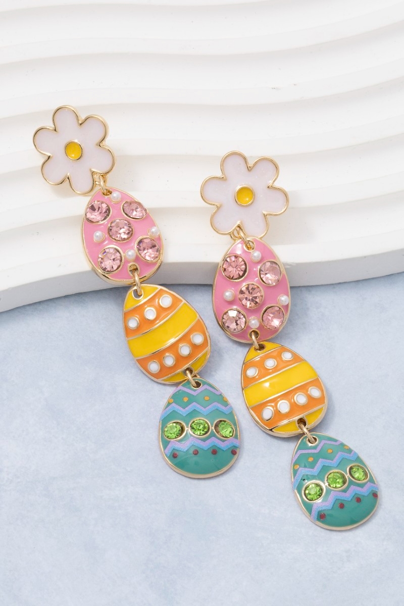 Enamel Easter Eggs And Flower Dangle Chain Earrings