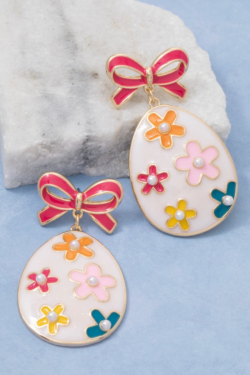 Bow And Floral Enamel Egg Easter Dangle Earrings