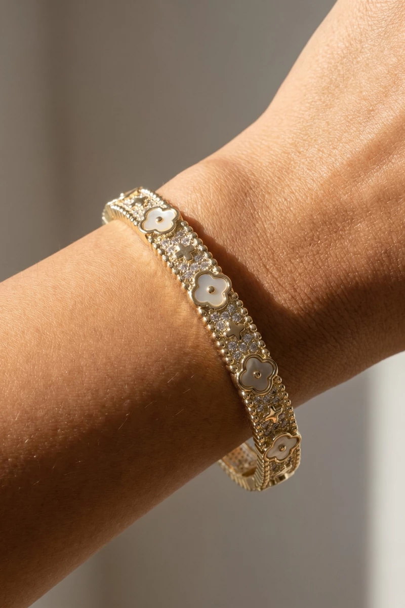 Mother Of Pearl Clover Pave Cz Bangle Bracelet