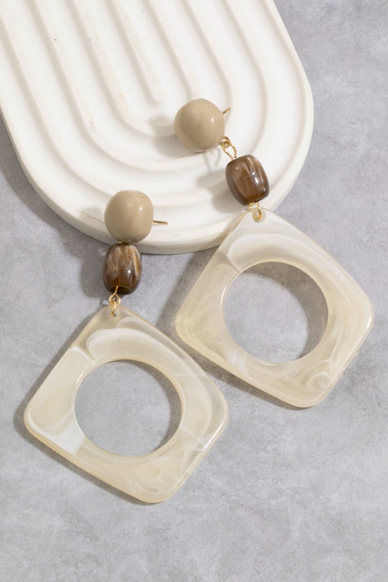 Nugget Bead & Open Diamond Frame Stone Drop Earrings