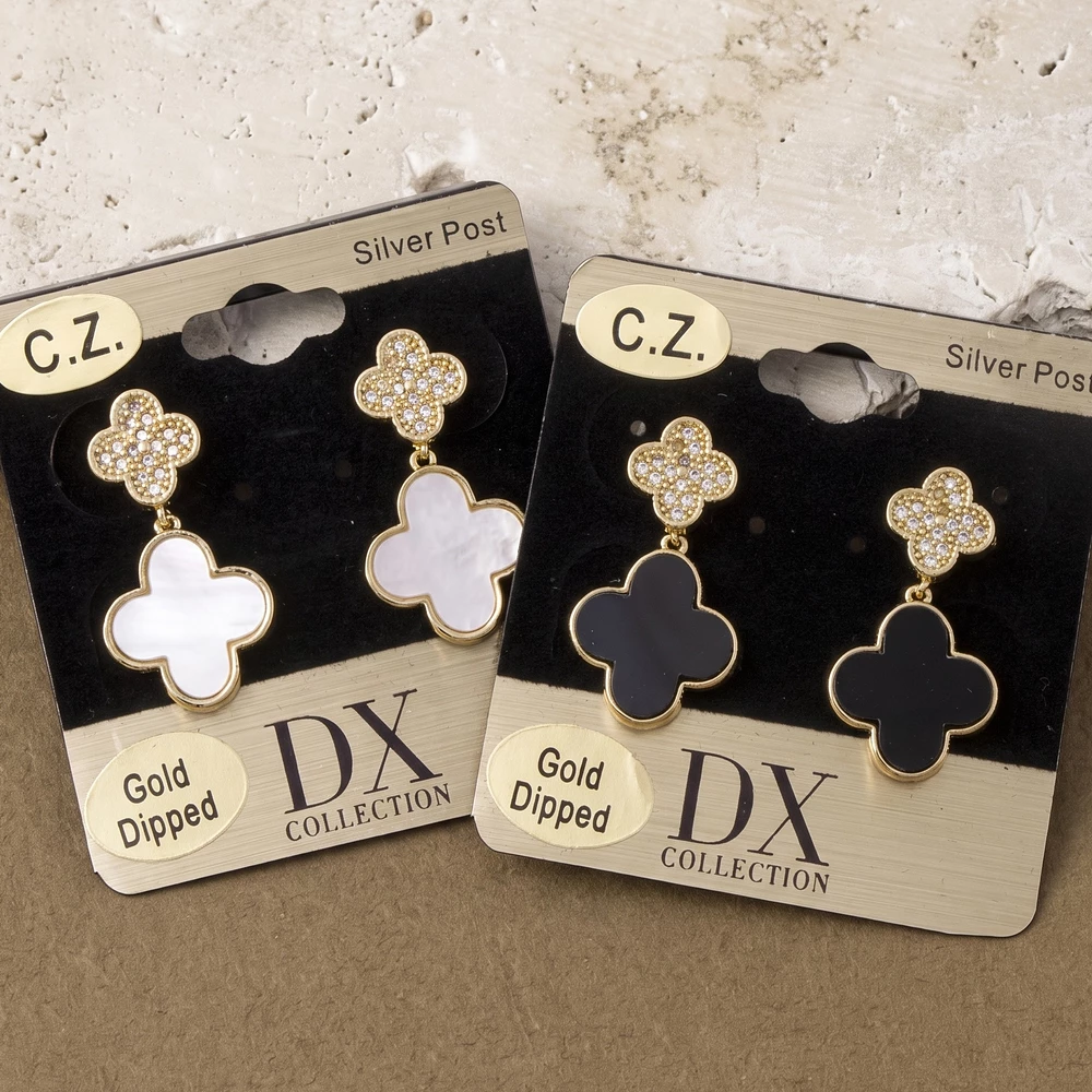 Gold Dipped Cz Mother Of Pearl Clover Earrings