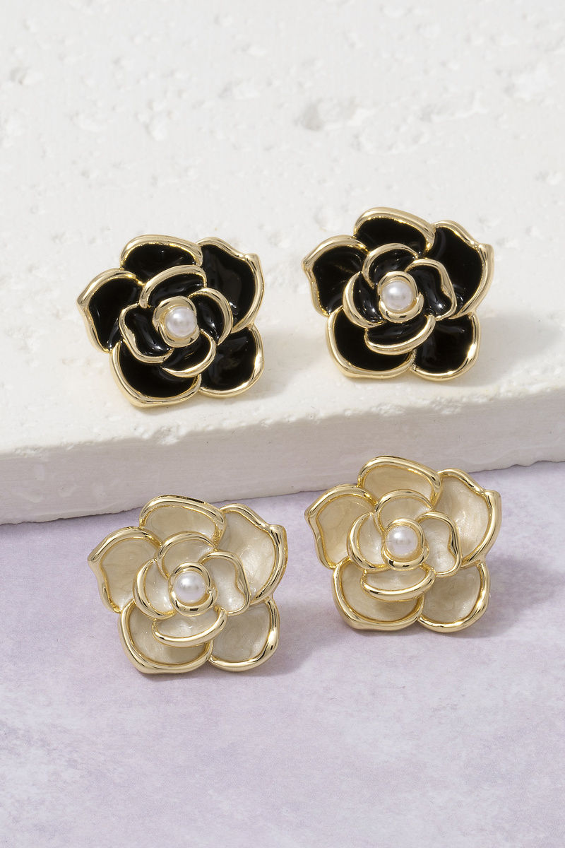 Gold Dipped Enamel Rose Pearl Stud Earrings