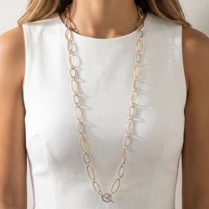 Two Tone Oval Link Chain Necklace With Cz Station