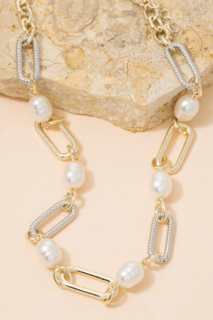 Two-Tone Pearl & Paperclip Chain Necklace