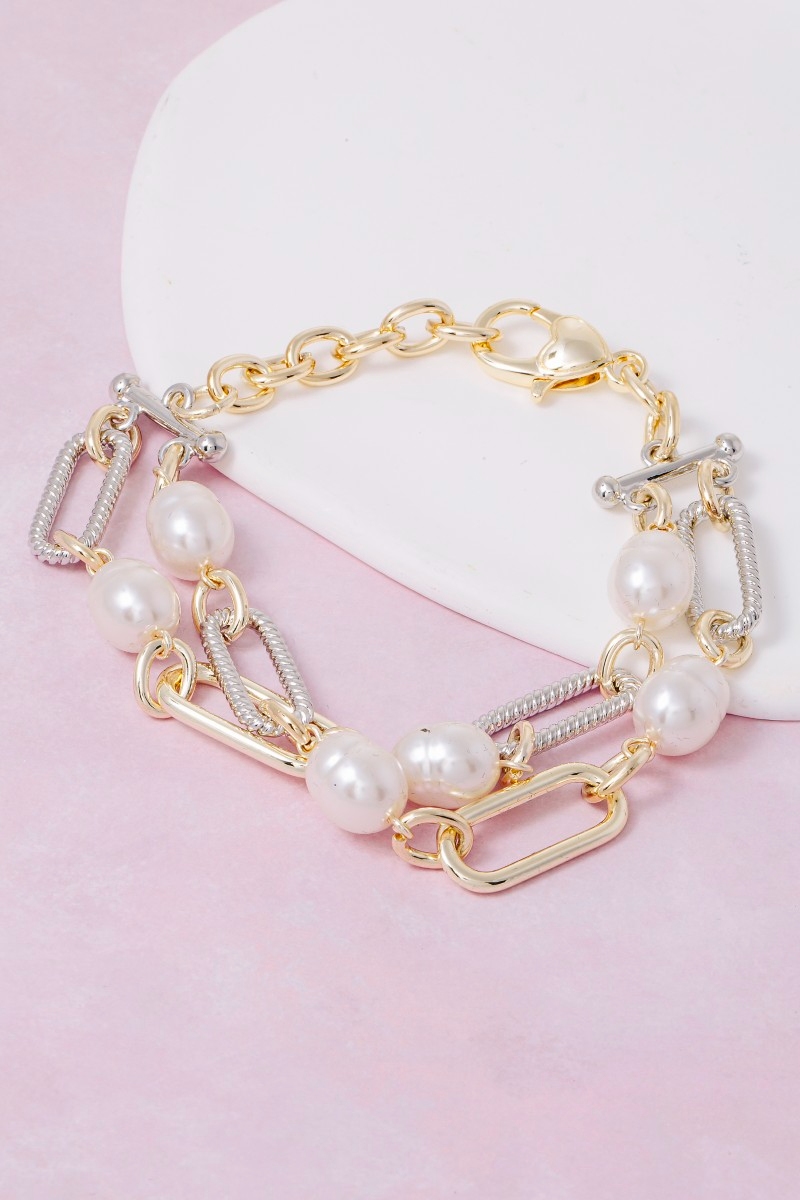 Two Tone Pearl And Oval Chain Bracelet