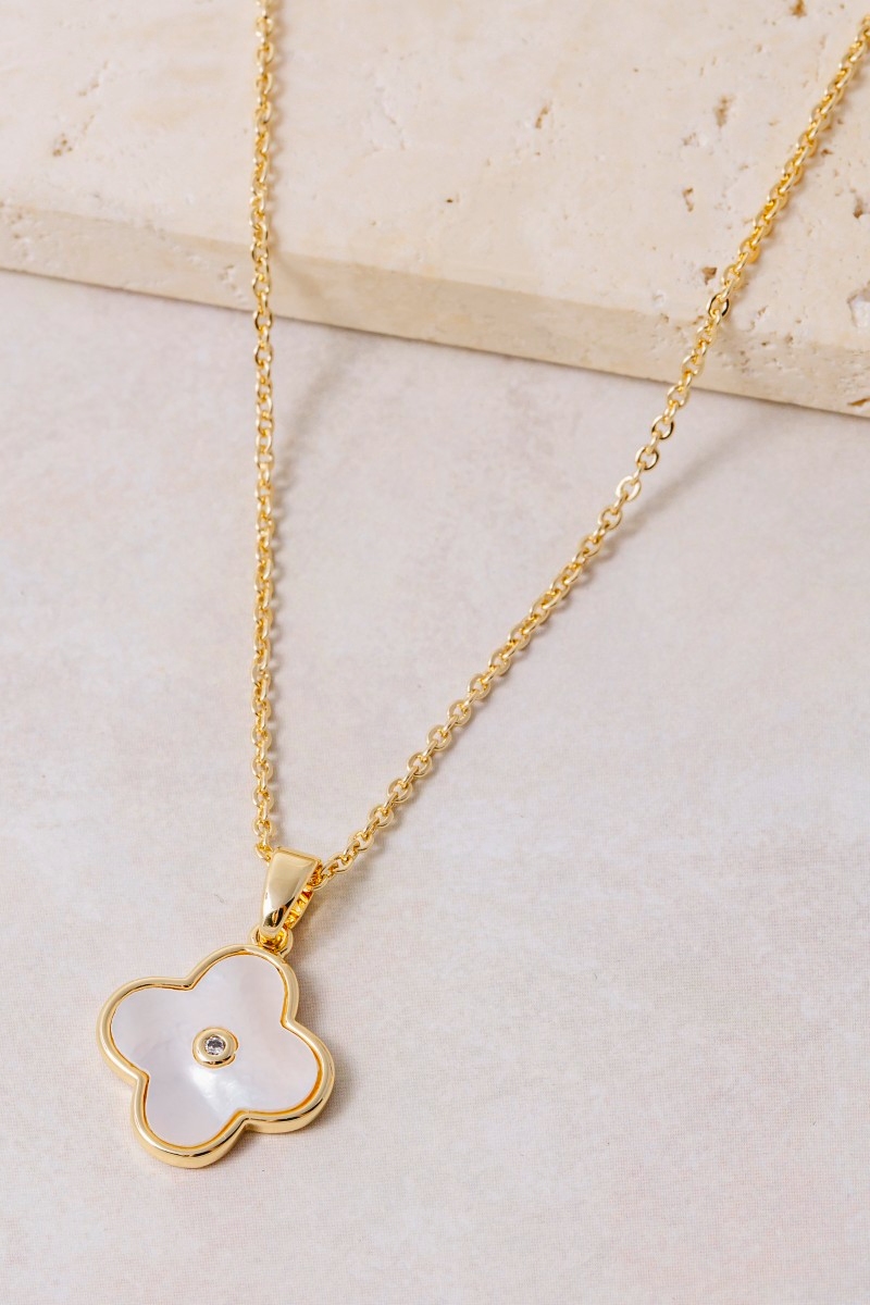 Gold Dipped Cubic Zirconia Stud Clover Pendant Necklace