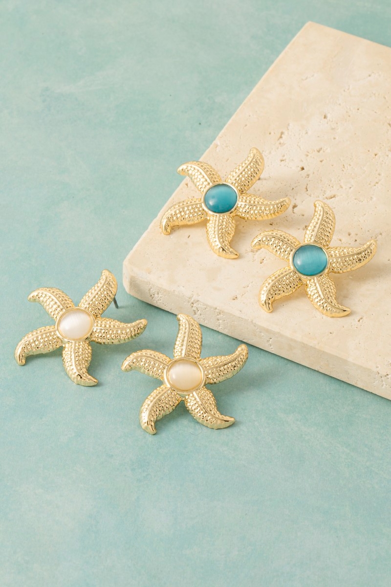 Sea Life Circle Stone Metallic Starfish Stud Earrings