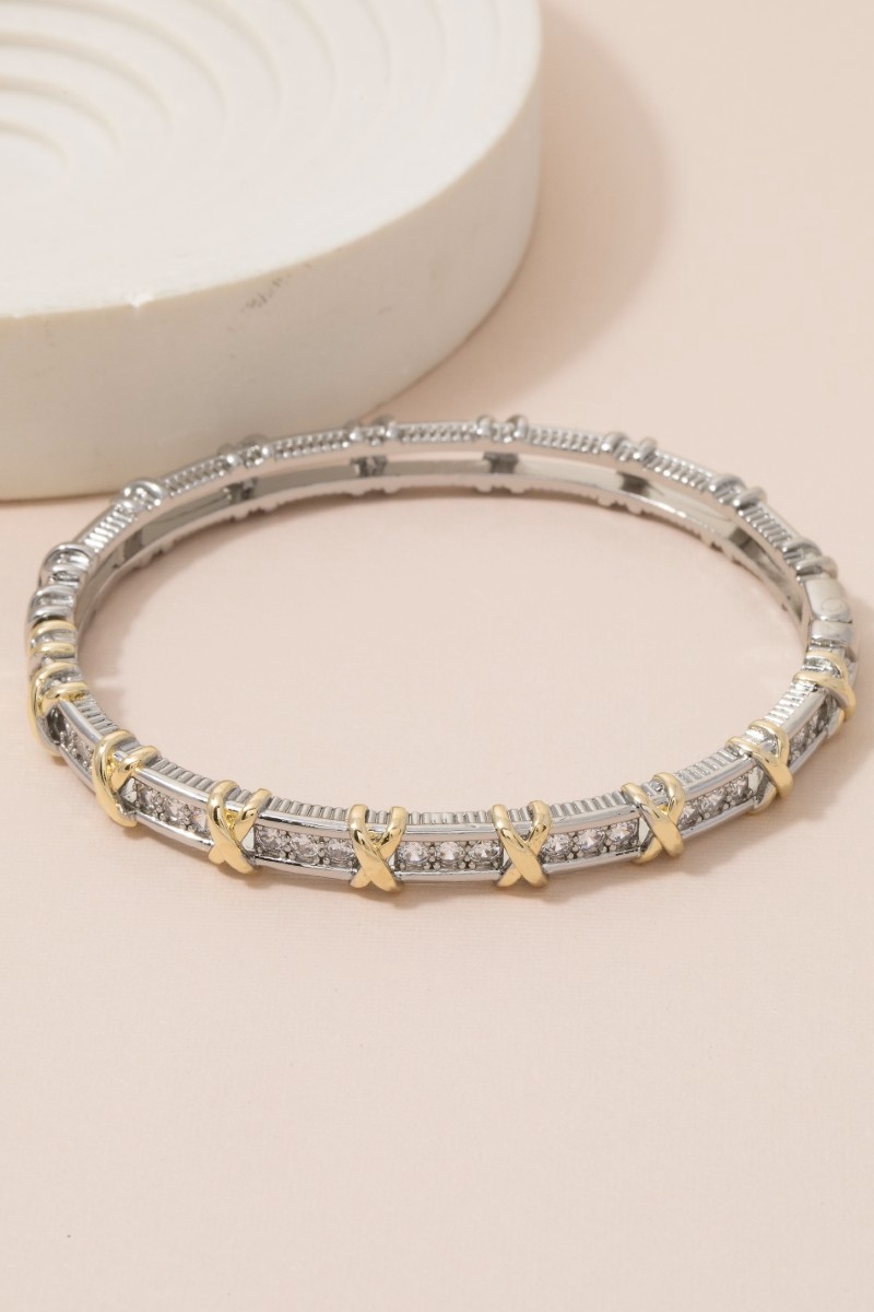 Two-Tone Cz X-Bar Bangle Bracelet