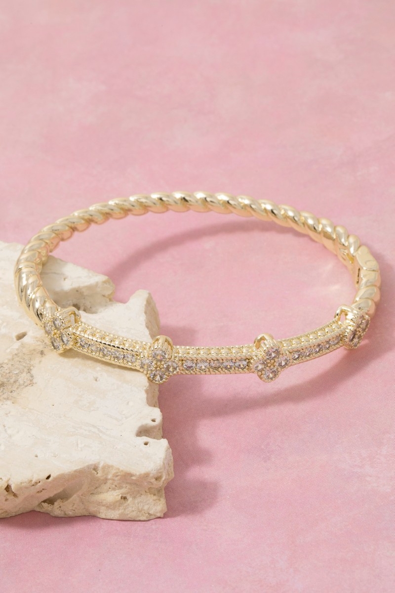 Gold Twisted Rope Cz Flower Station Bangle Bracelet