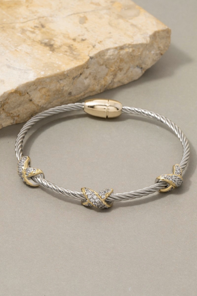 Two-Tone Cable Wire Cz X-Station Bangle Bracelet
