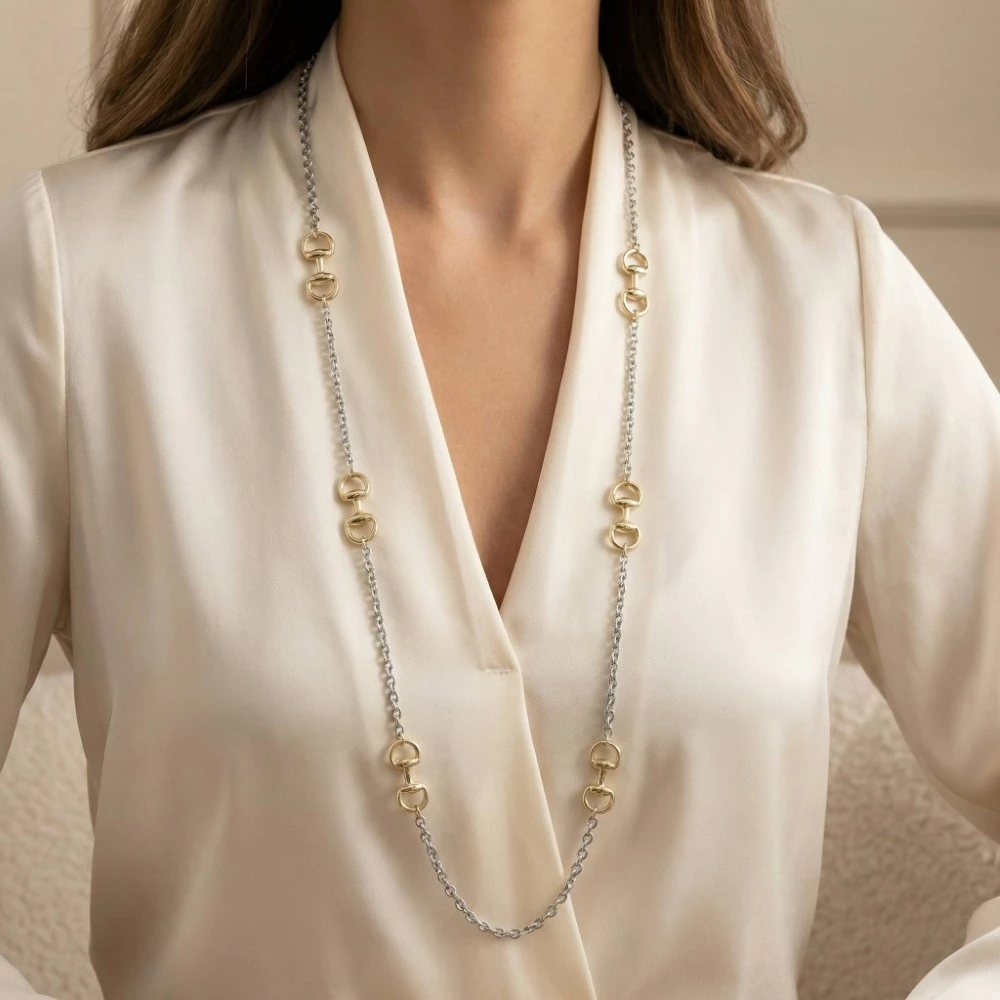 Long Two-Tone Equestrian Horse Bit Station Necklace