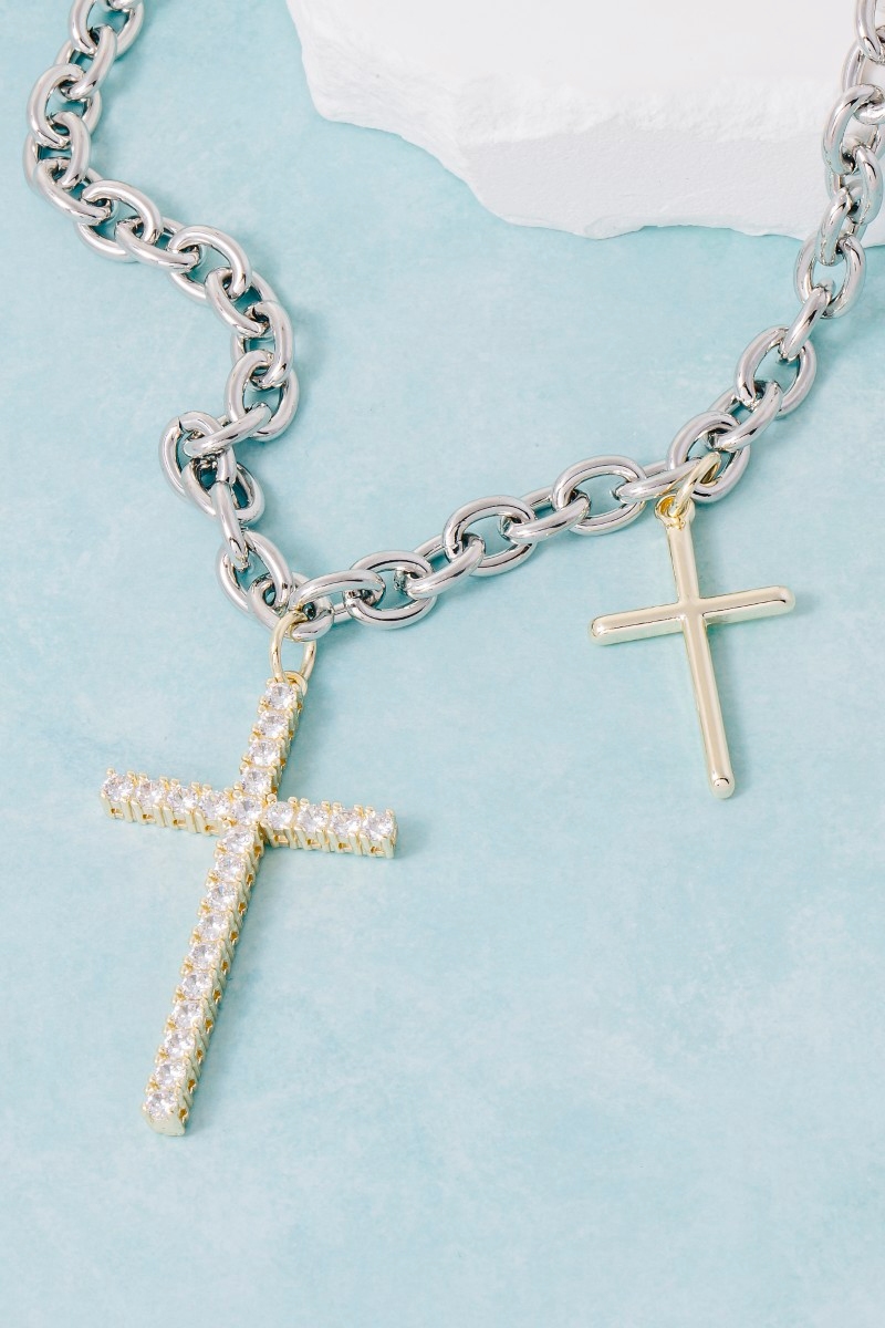 Gold Dipped Two Tone Cz Pave Cross Pendant Necklace